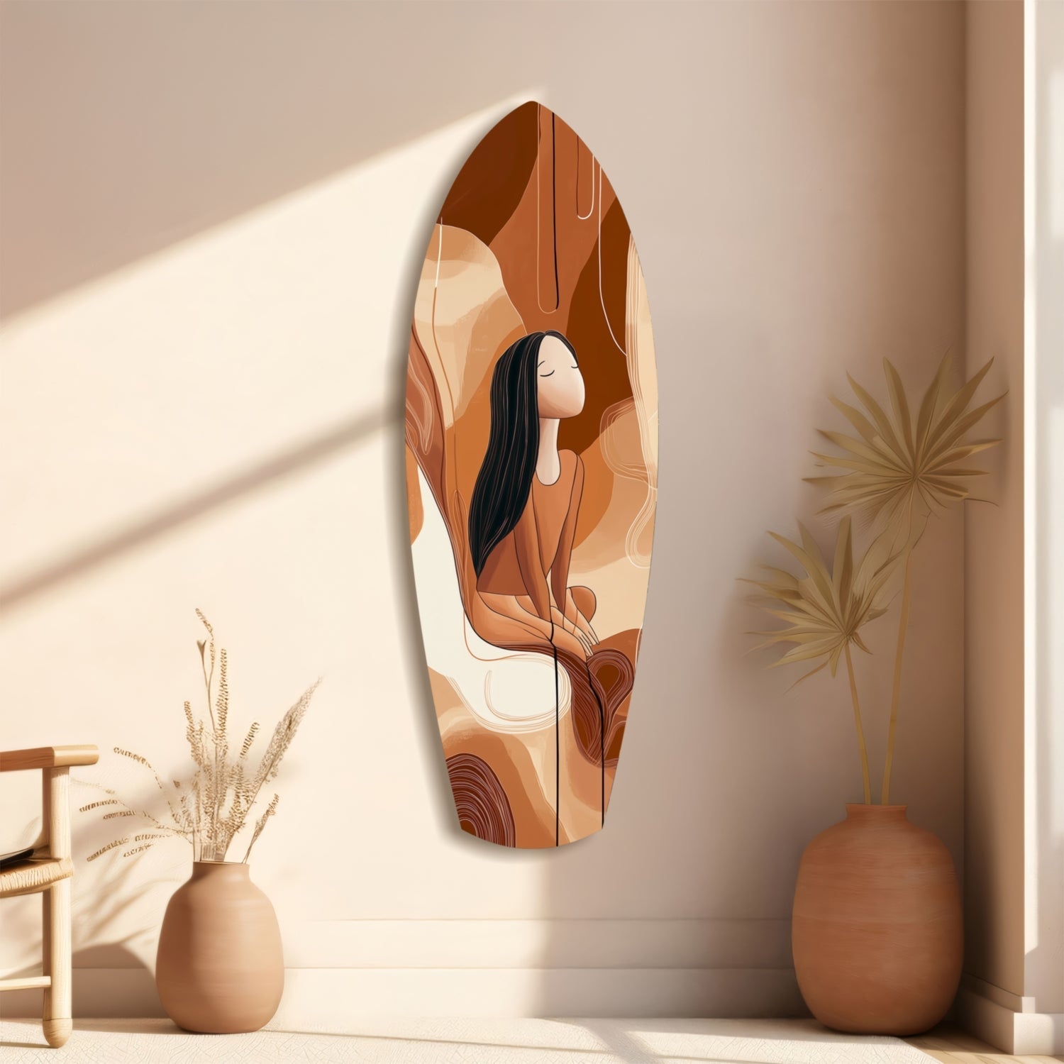Oval glass wall art depicting a woman in warm earth tones displayed in minimalist room with dried plants and terracotta vases.