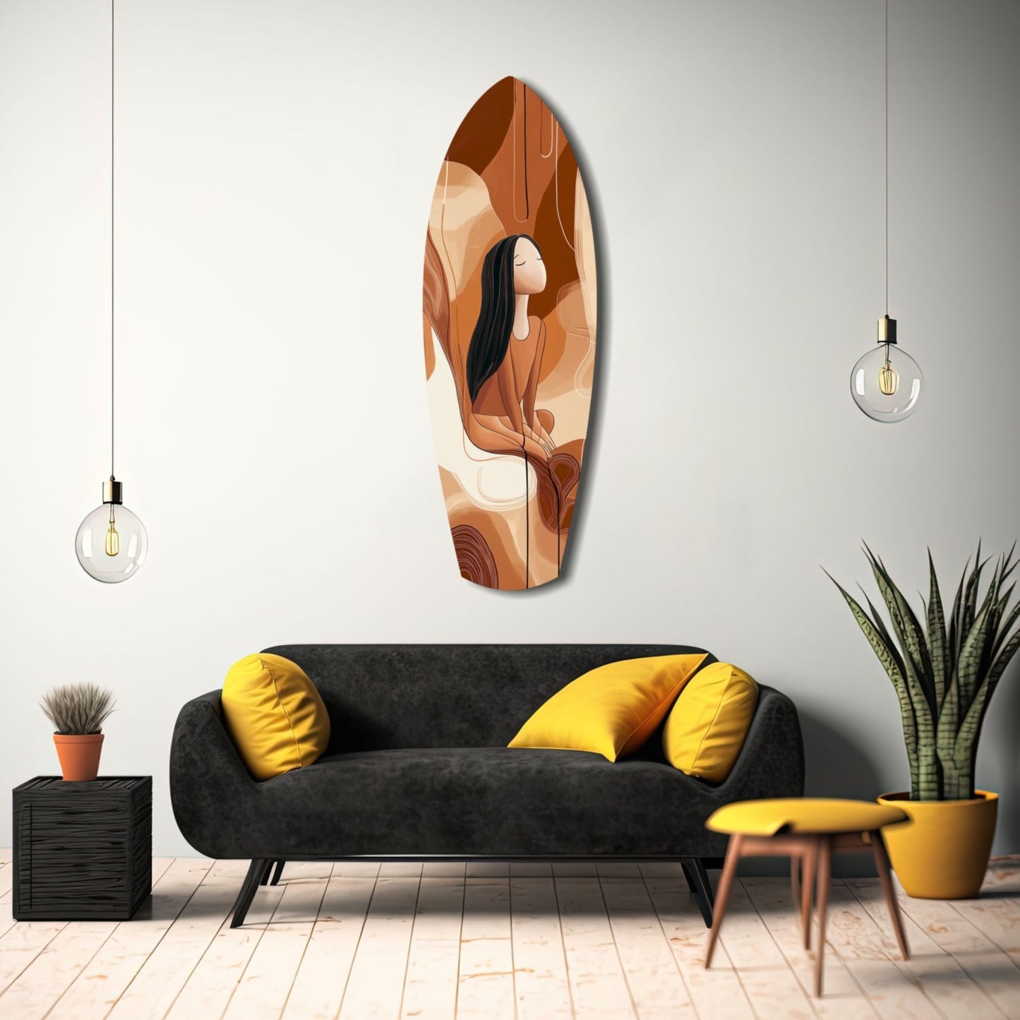 Modern living room displaying oval glass wall art with brown and tan abstract figure above black sofa with yellow pillows.