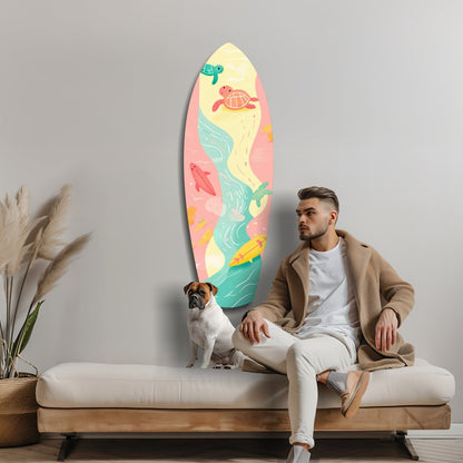 Man and dog sit on bench below colorful surfboard-shaped wall art featuring sea turtles and ocean waves in pink, teal, and yellow.