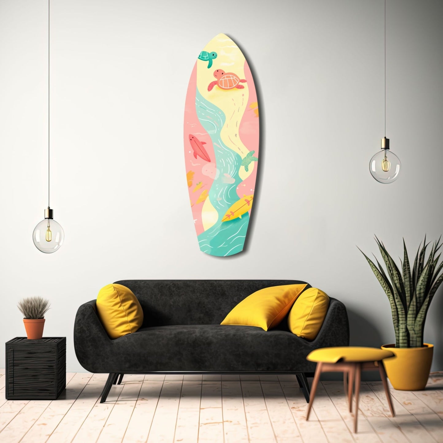 Colorful surfboard-shaped wall art with sea turtles and ocean waves displayed above a black sofa in a modern living room interior.