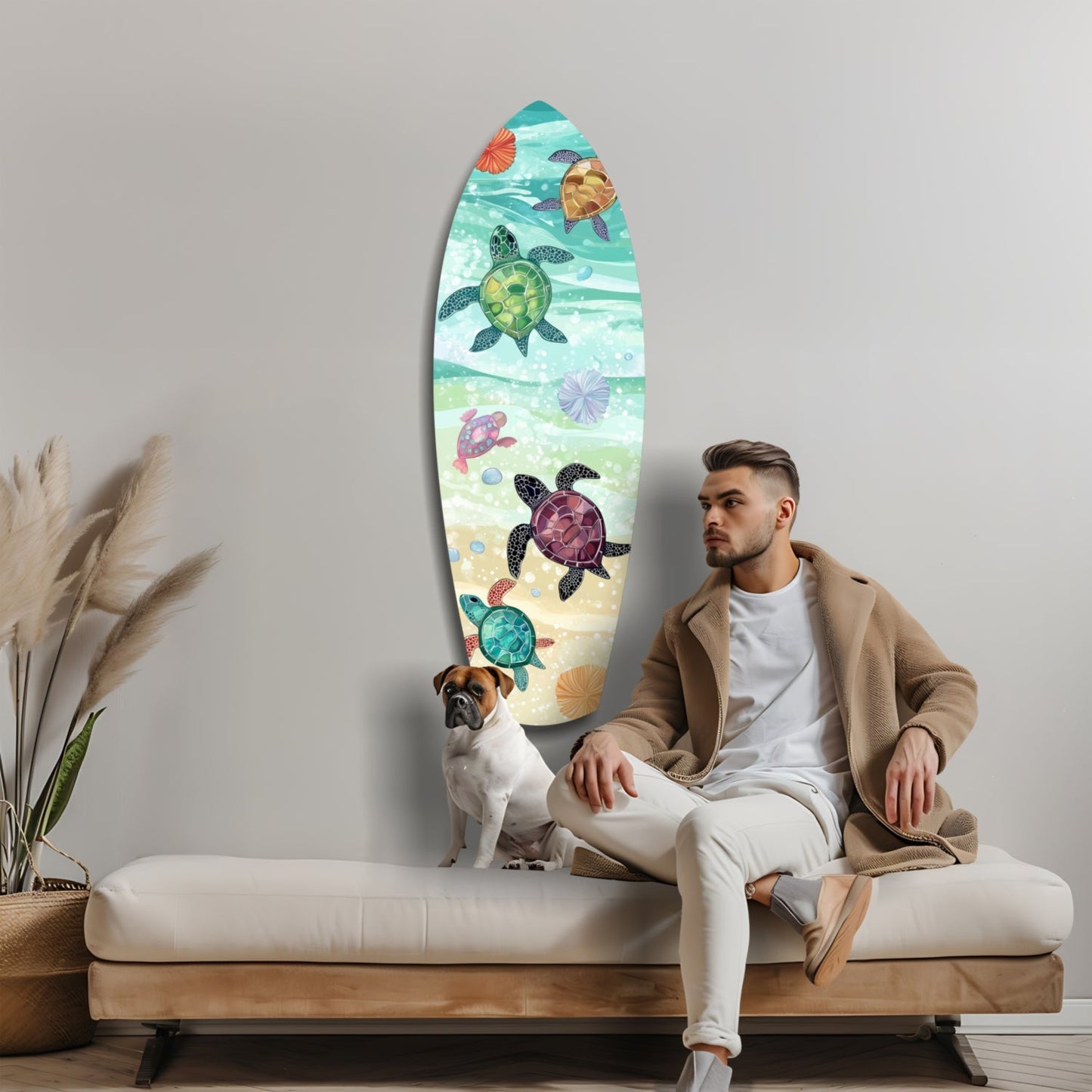 Surfboard Shaped Baby Turtles Glass Wall Art