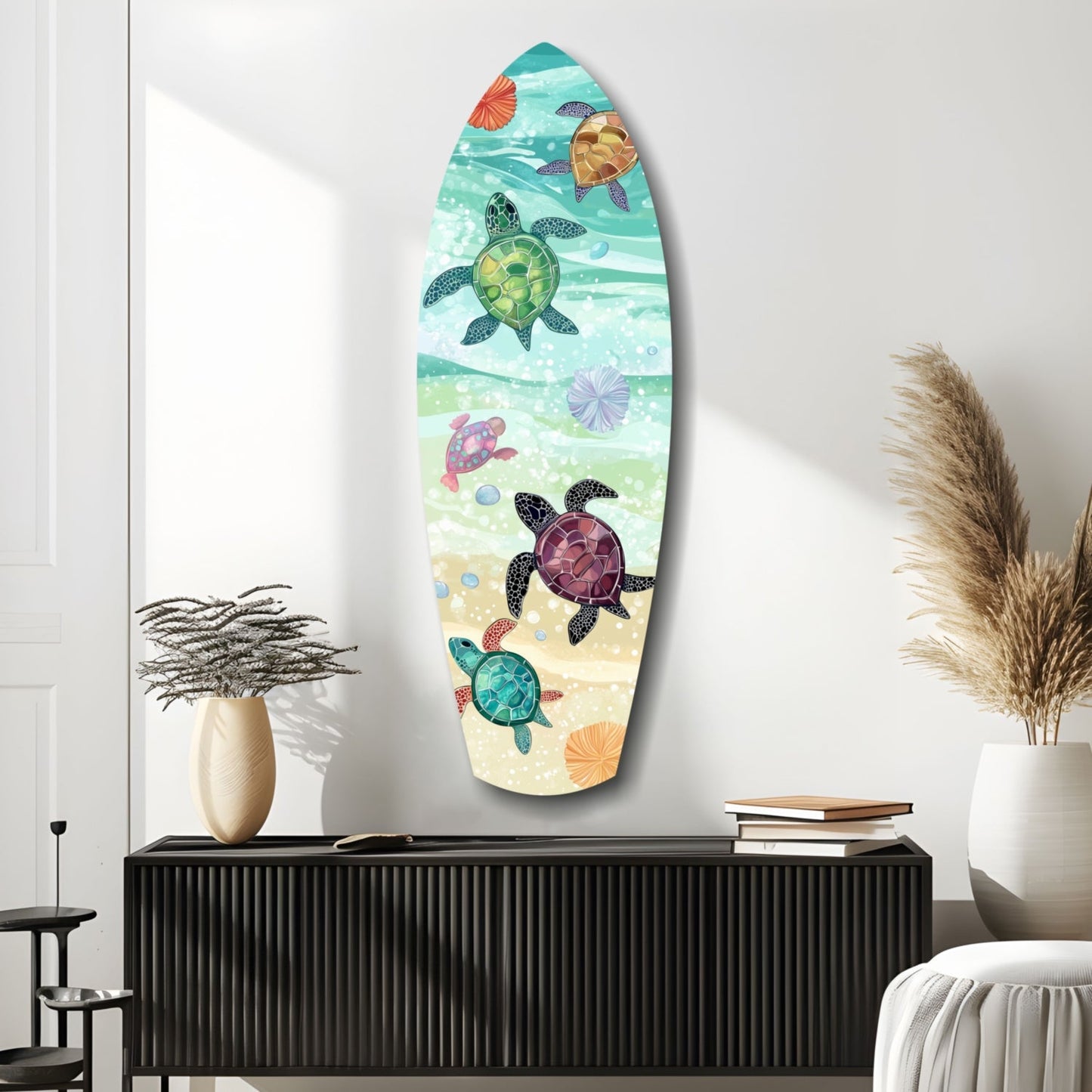 Surfboard Shaped Baby Turtles Glass Wall Art
