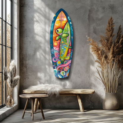 Colorful surfboard-shaped glass wall art featuring a stylized fish design hangs above a wooden bench in a minimalist room.