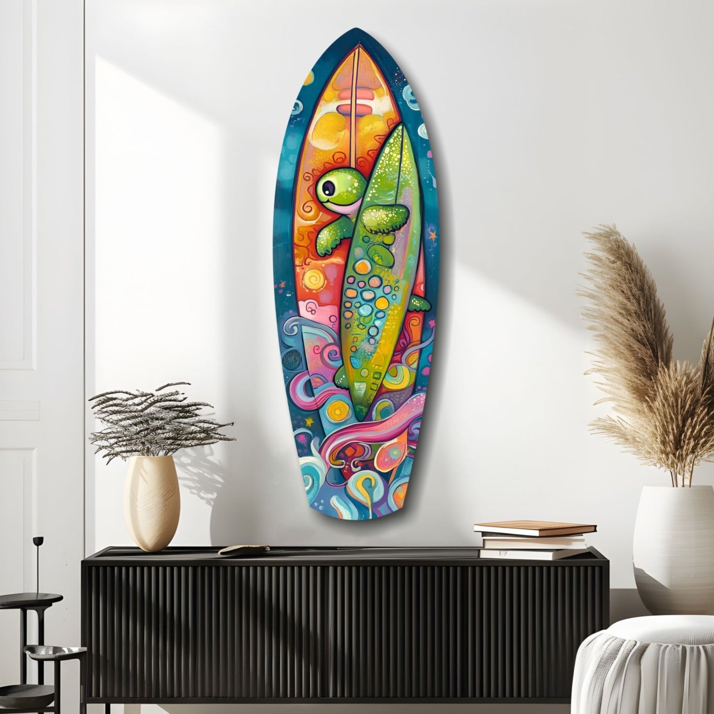 Colorful glass surfboard wall art with hand-painted sea turtle design displayed above black cabinet in modern interior setting.