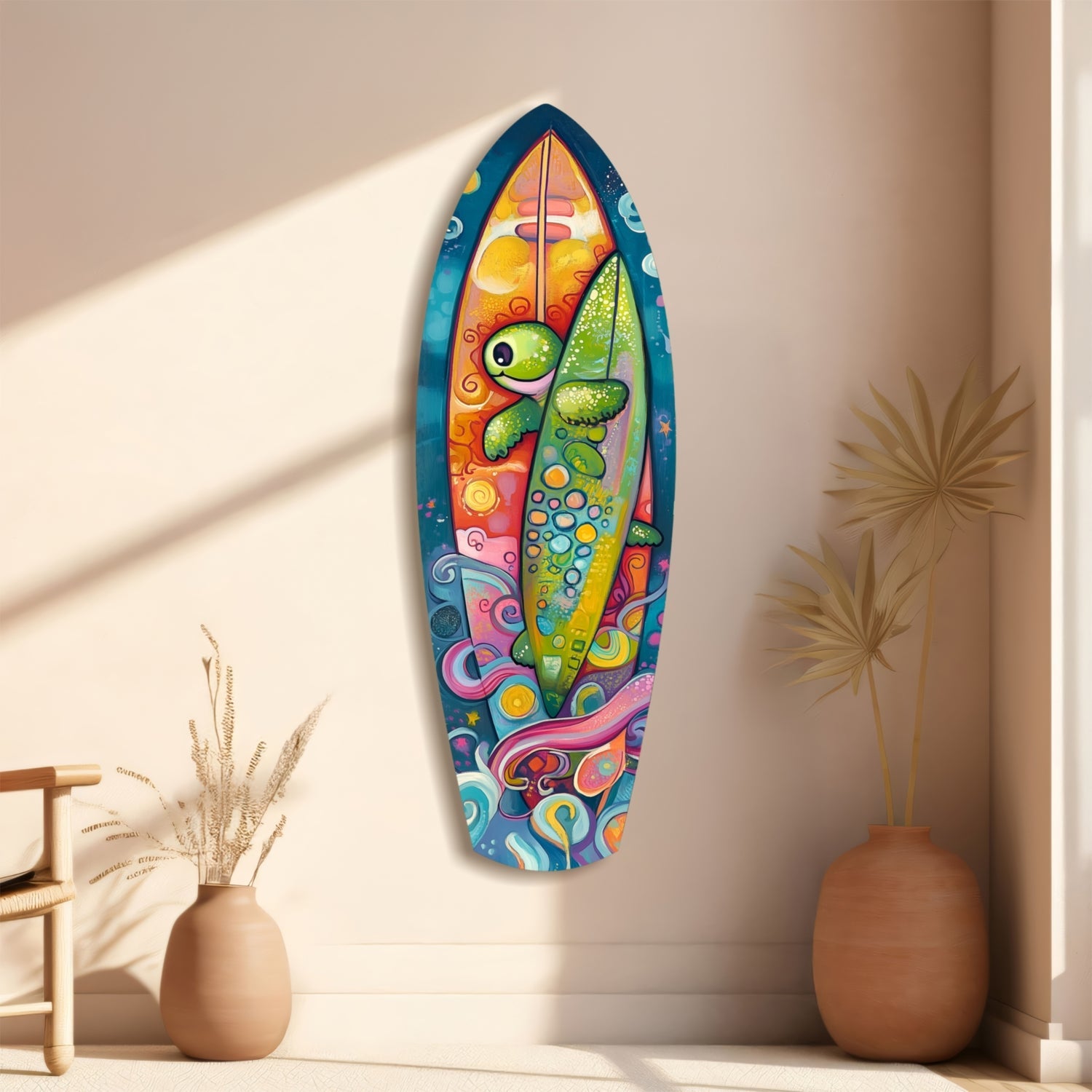 Colorful glass surfboard wall art with fish and abstract patterns displayed on beige wall between ceramic vases with dried grasses.