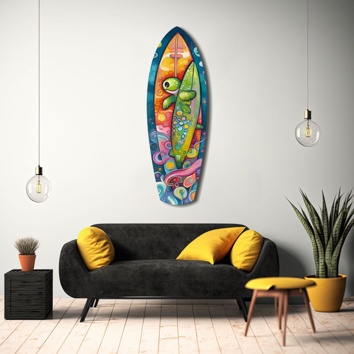 Colorful glass surfboard wall art with chameleon and abstract designs displayed above black sofa with yellow pillows in modern living room.
