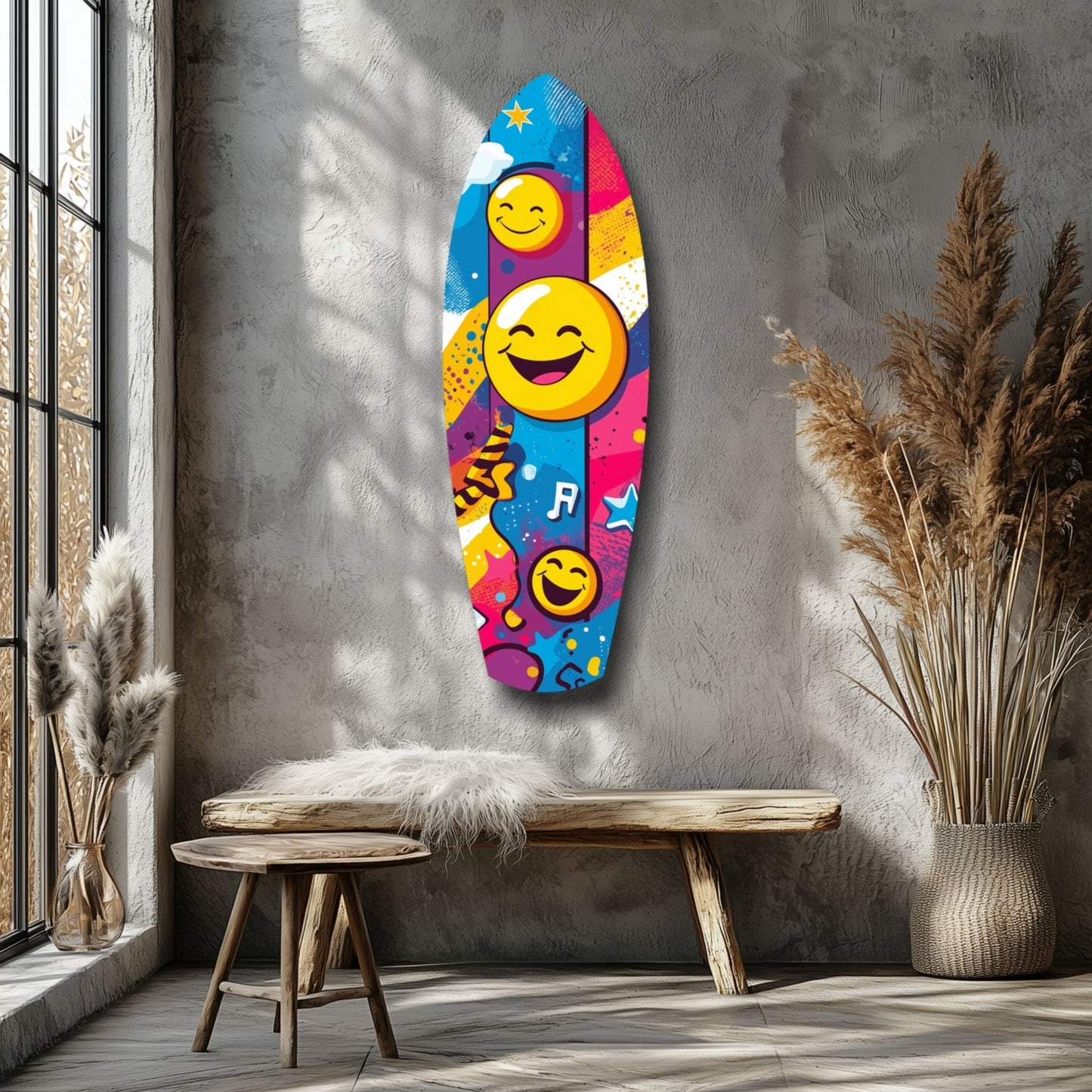 Colorful oval glass wall art with smiling emoji faces and musical notes displayed above a wooden bench in a minimalist room.