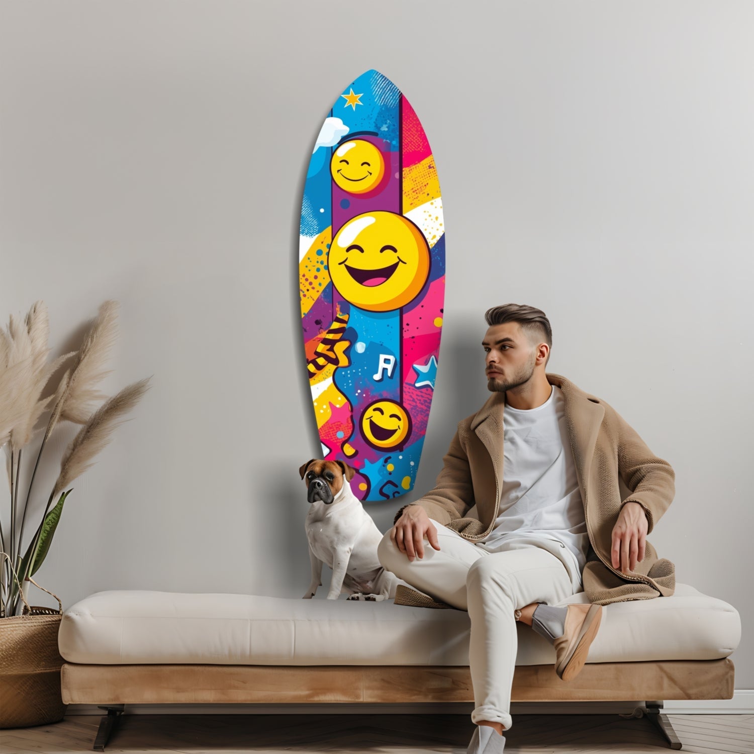 Man and dog sit on white bench beneath colorful surfboard-shaped glass art featuring yellow smiling emoji faces and vibrant geometric patterns.