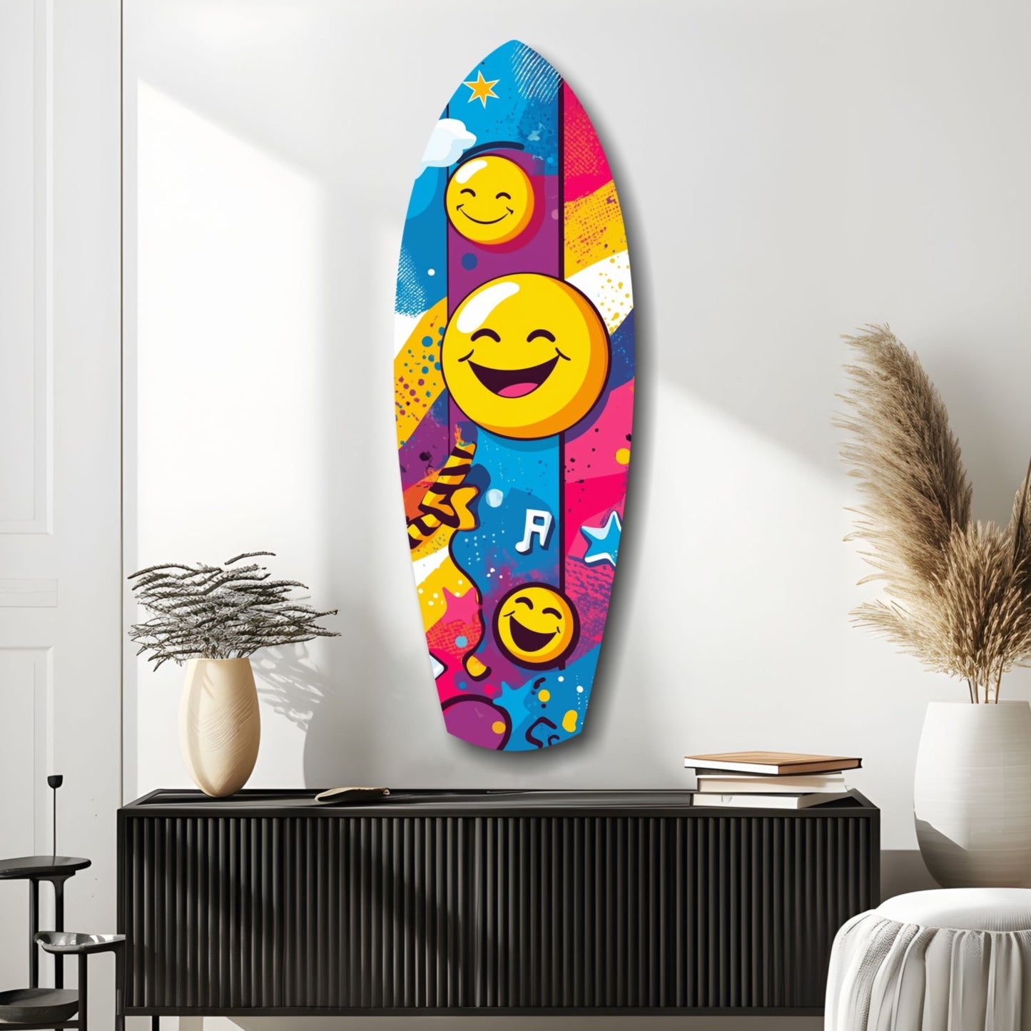 Colorful glass wall art featuring three yellow smiling faces on vibrant blue, pink, and yellow patterned background, displayed above black cabinet in modern interior.