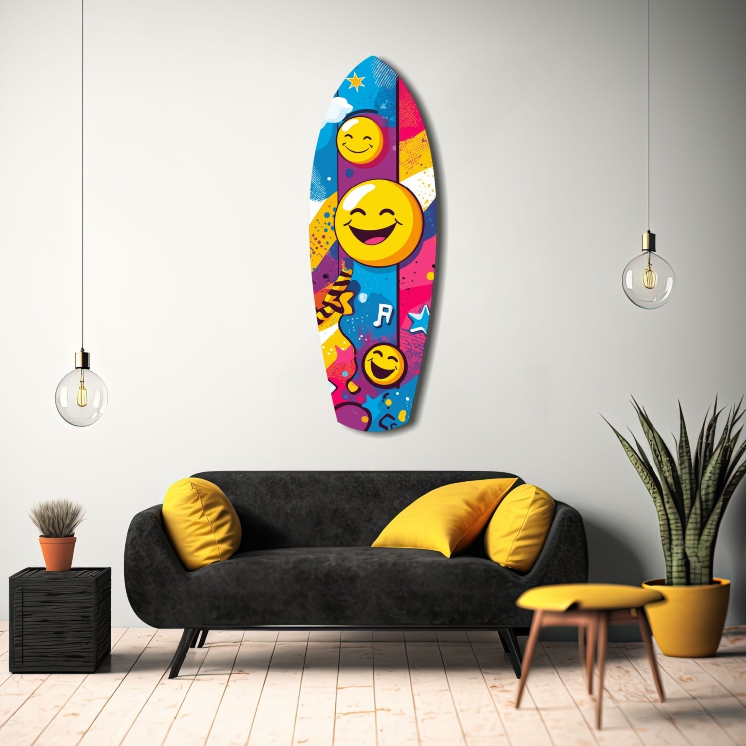 Colorful smiley face glass wall art featuring yellow emoji and musical notes on blue, pink, and purple background, displayed above black sofa in modern living room.