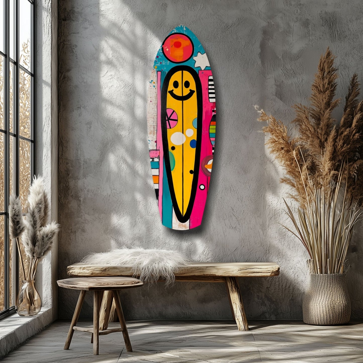 Colorful surfboard-shaped glass wall art with yellow center, smiley face, and geometric patterns displayed above wooden bench in minimalist interior.