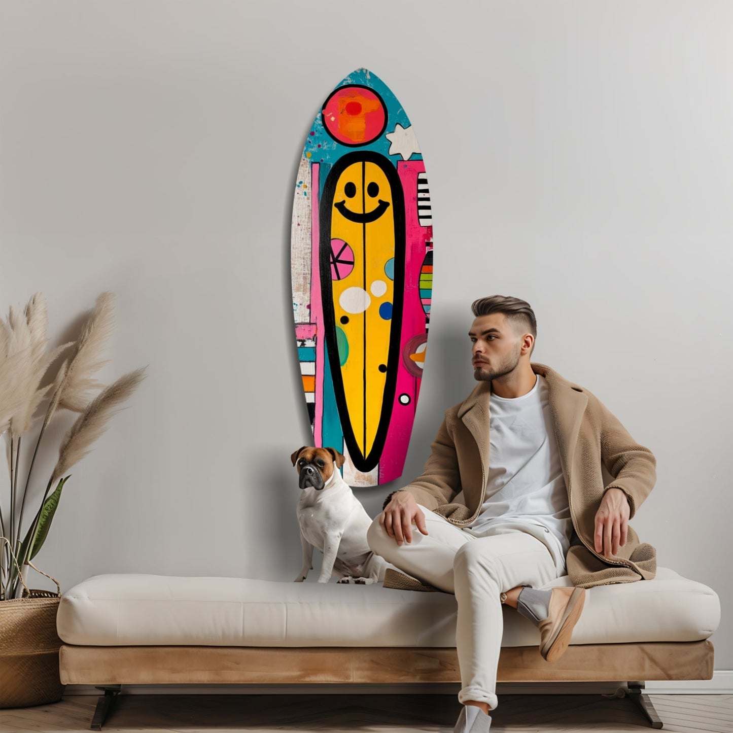Man sitting on cream bench with small dog, viewing colorful smiley face surfboard wall art with red sun, yellow center, and patterned sides.