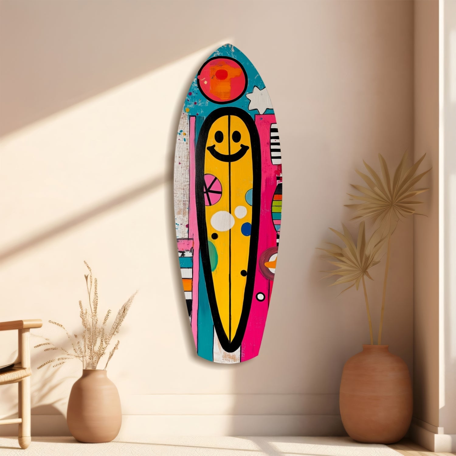 Colorful surfboard-shaped wall art with yellow body, smiley face, and red top circle displayed on beige wall next to terracotta vases.