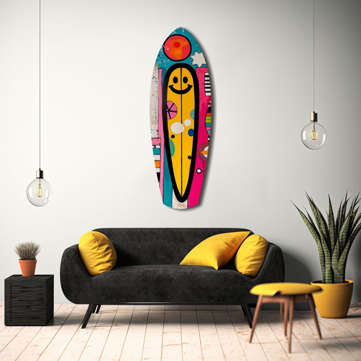 Colorful smiley surfboard wall art displayed above black sofa with yellow pillows in modern living room setting.