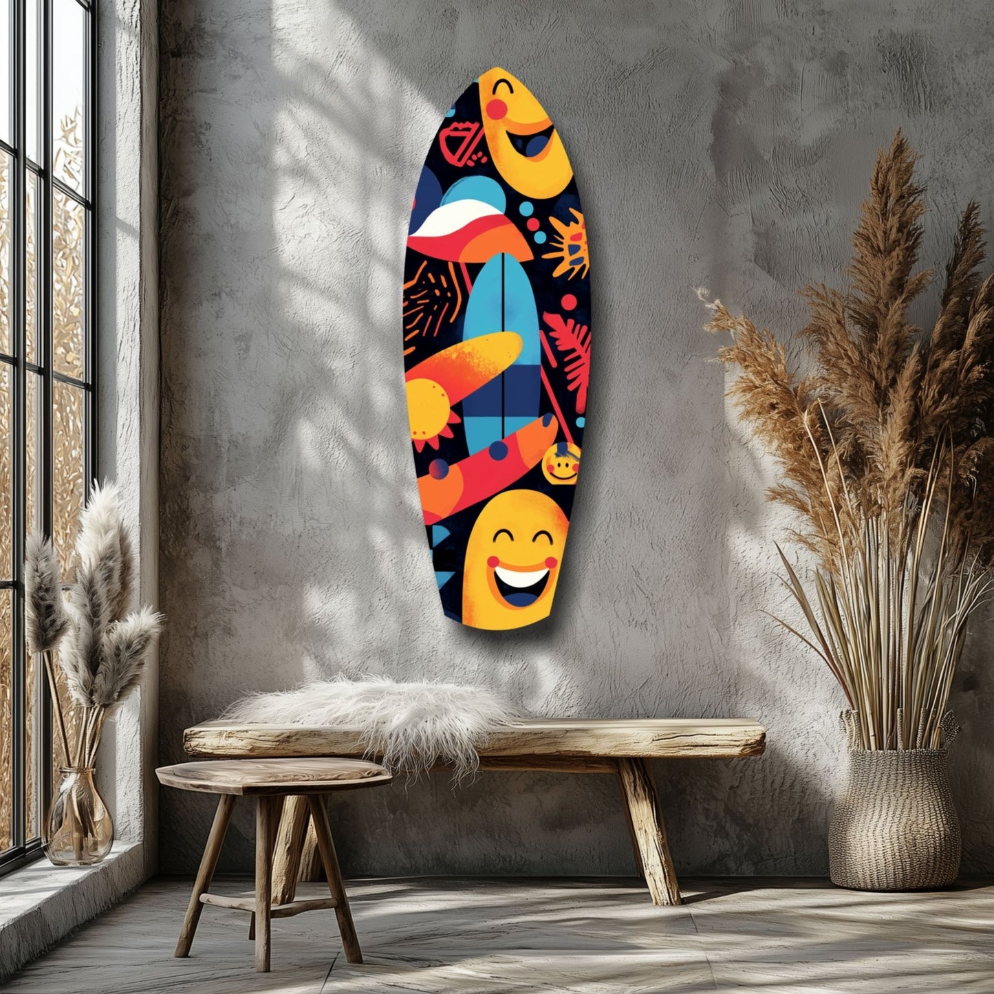 Colorful glass surfboard wall art with smiling faces and tropical patterns displayed above wooden bench in minimalist interior.