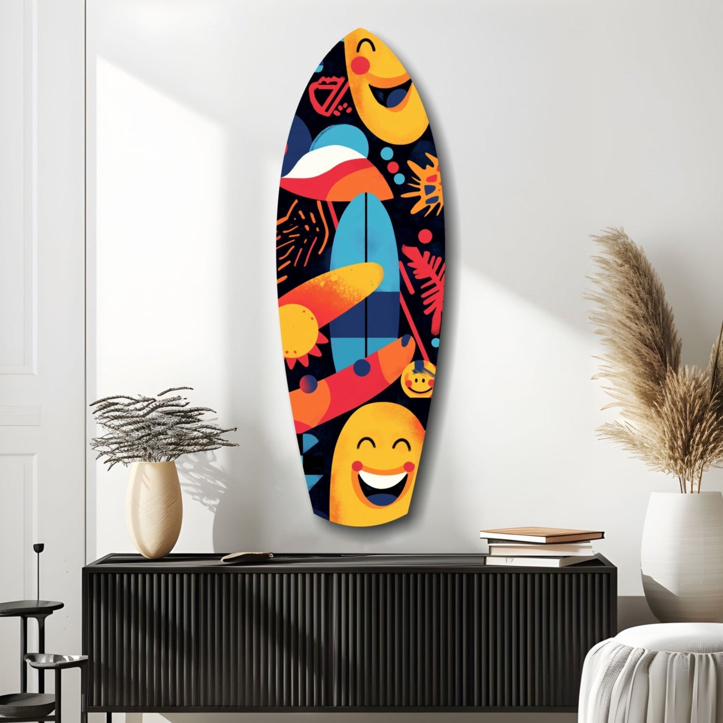 Colorful surfboard-shaped glass wall art with yellow smiling faces, red and orange geometric shapes, and blue accents displayed above a black cabinet in a minimalist interior.