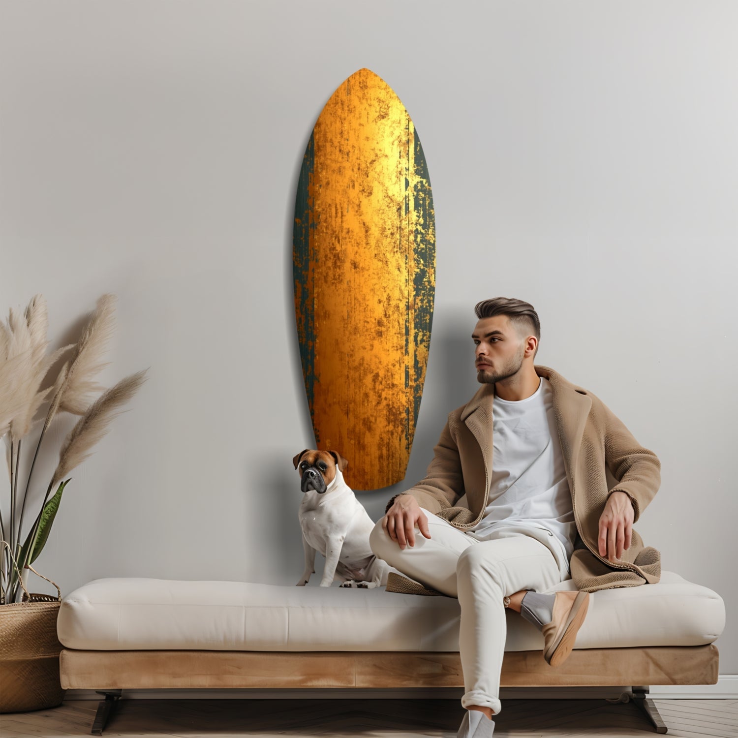 Man with dog sitting on bench beside large golden textured glass wall art panel against gray wall.