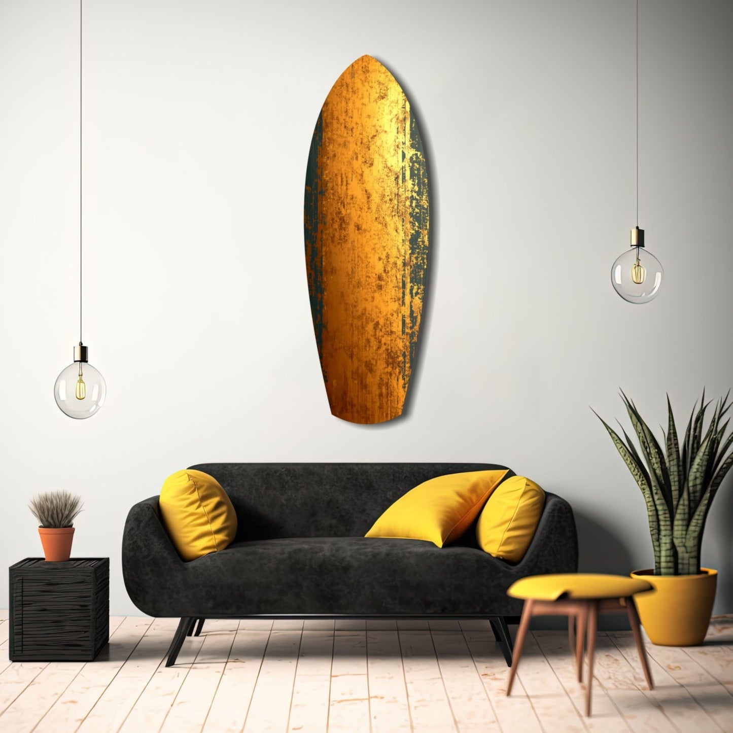 Golden Plate Glass Wall Art displayed above black sofa with yellow pillows in modern living room interior.