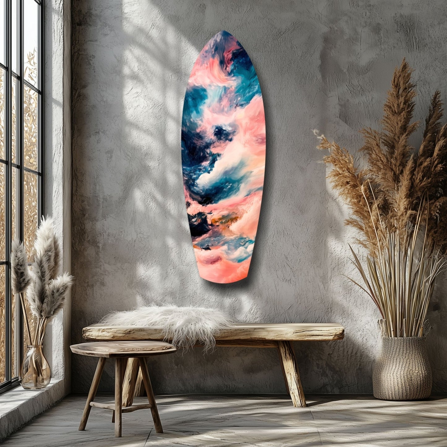 Colorful glass surfboard art with pink, blue, and teal cloud patterns displayed on gray wall above wooden bench in minimalist interior.