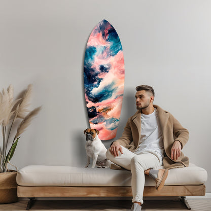 Man and dog sitting on cream bench with colorful abstract ocean glass wall art featuring pink, blue, and teal swirls displayed behind them.