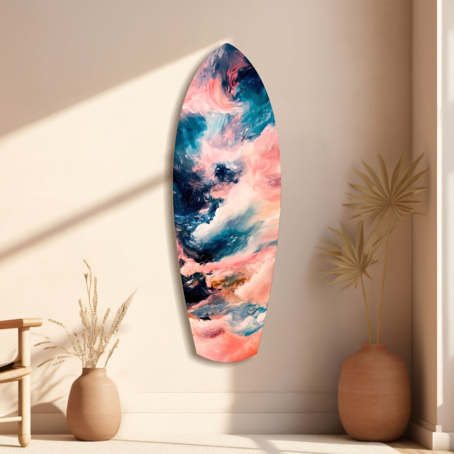 Elongated oval glass wall art with pink, teal, and white abstract cloud patterns displayed between terracotta vases and dried grasses.