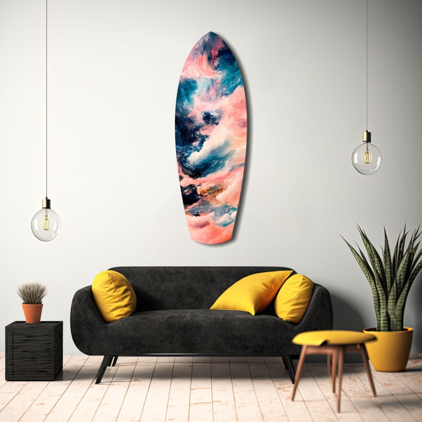 Colorful glass surfboard wall art with pink, blue, and teal swirled patterns displayed above a black sofa with yellow pillows in a modern living room.