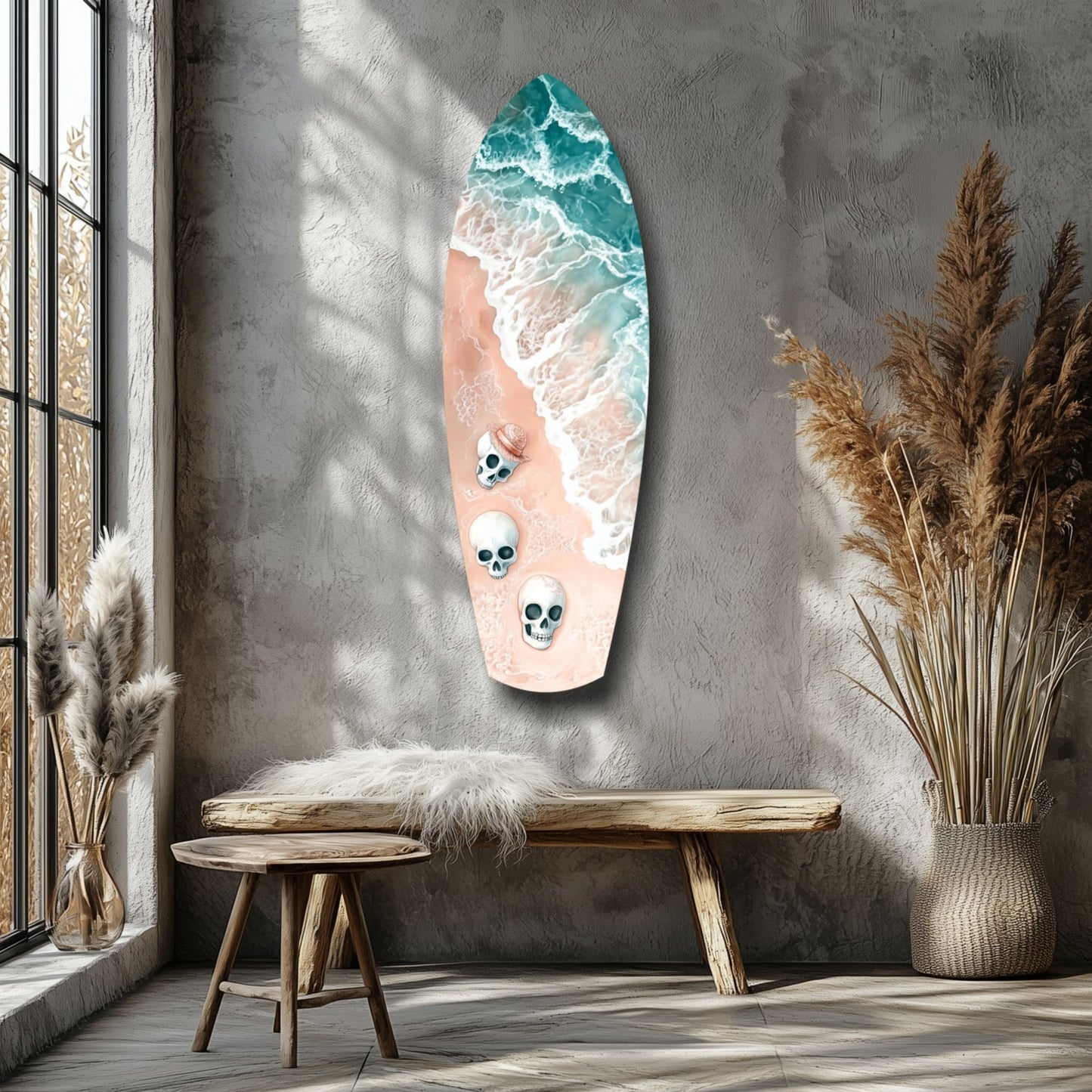 Surfboard-shaped glass wall art displaying ocean waves and three skull designs mounted above a wooden bench in a minimalist interior.