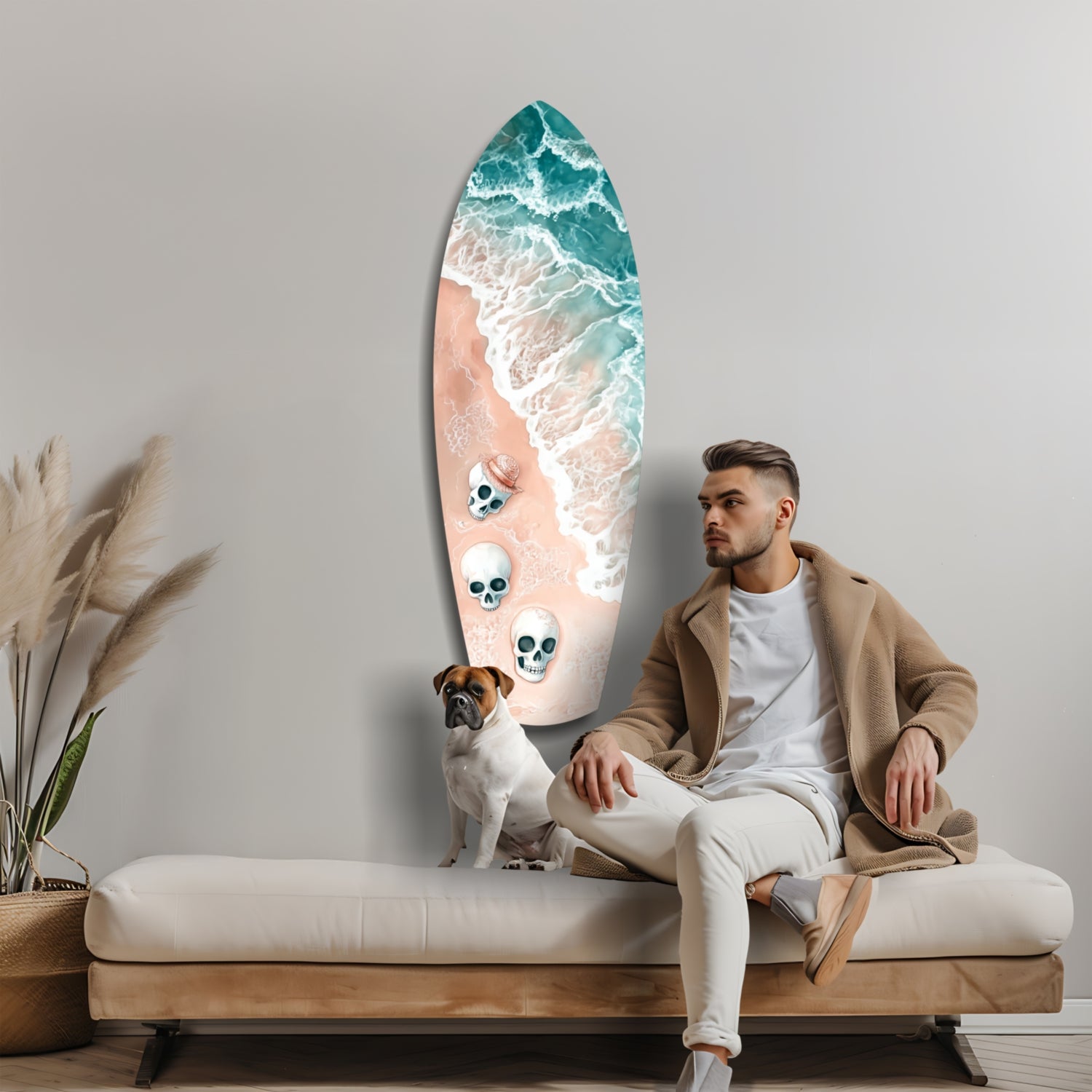 Man sitting on beige sofa next to surfboard-shaped ocean wall art with skull designs, pampas grass, and brown dog.