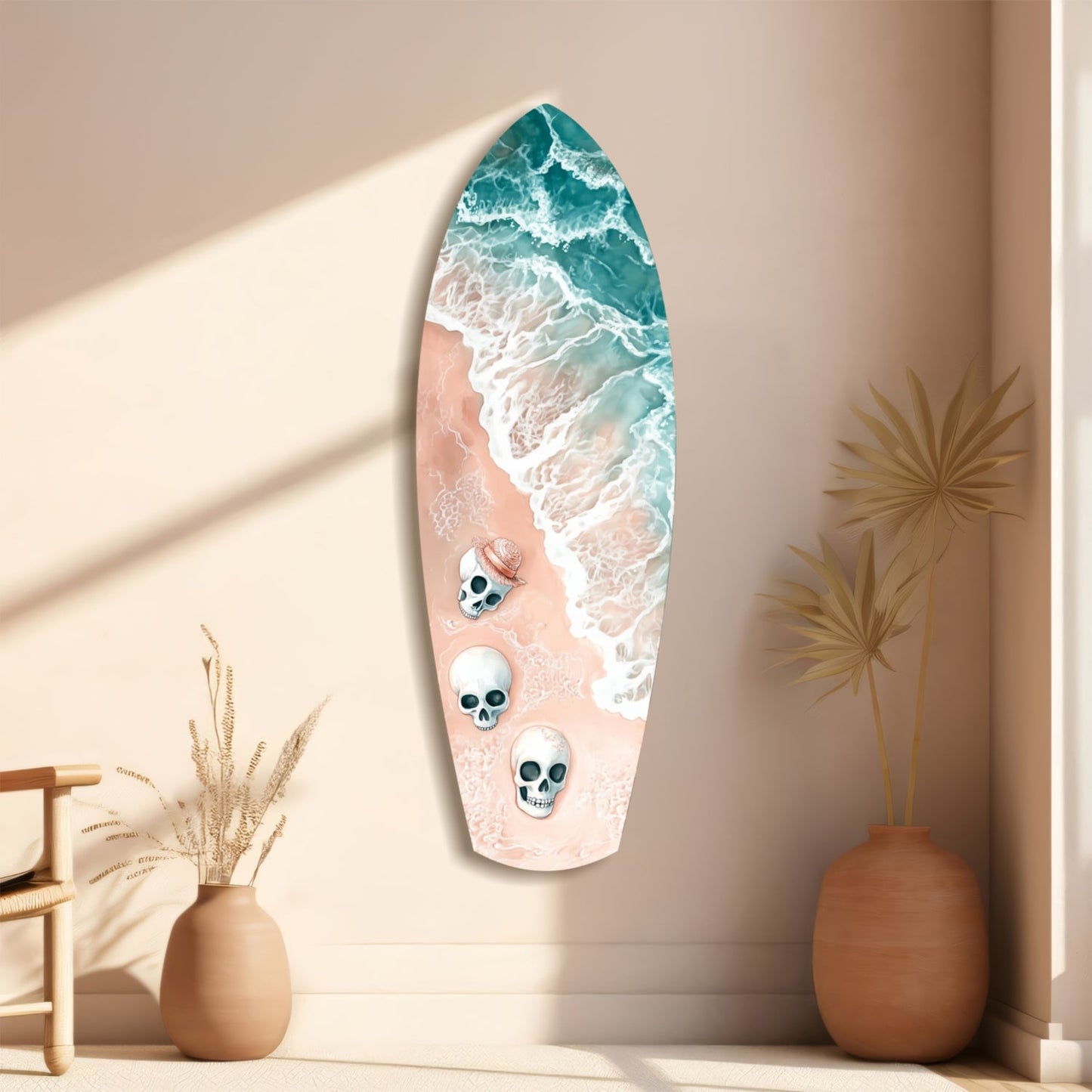 Surfboard-shaped glass wall art featuring aerial beach waves and three skull designs on sandy shore, displayed on neutral wall with dried plants.