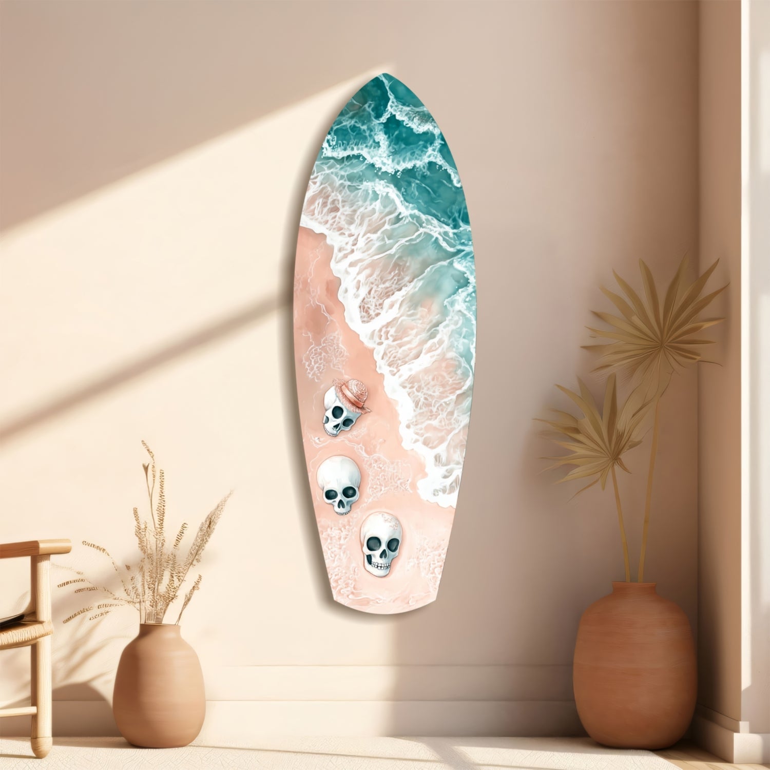 Surfboard-shaped glass wall art featuring aerial beach waves and three skull designs on sandy shore, displayed on neutral wall with dried plants.