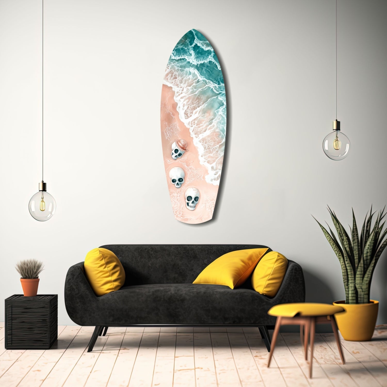Surfboard-shaped wall art with teal ocean waves and sandy beach featuring three skull designs, displayed above a black sofa with yellow pillows in a modern living room.