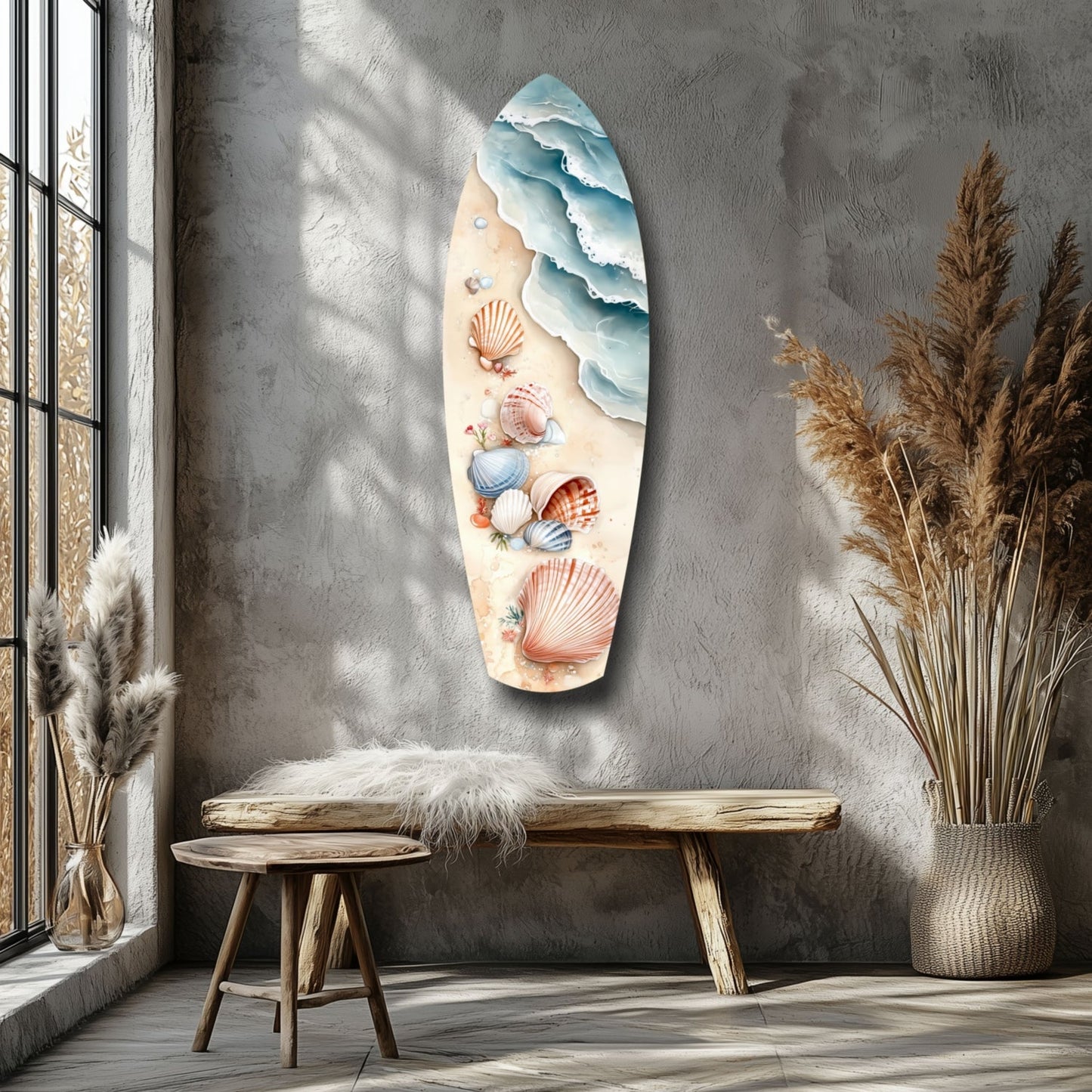 Surfboard-shaped glass wall art with watercolor ocean waves, seashells, and beach elements displayed above wooden bench in coastal interior.