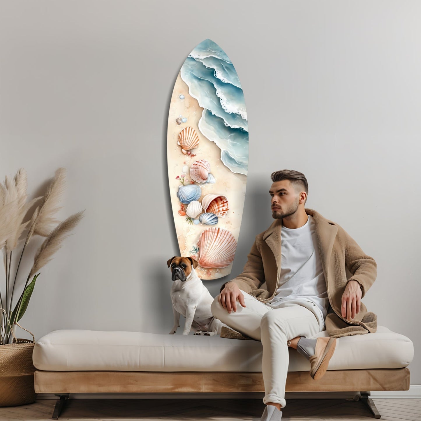 Man and dog sitting on bench beside surfboard-shaped glass wall art decorated with seashells and layered blue ocean waves.