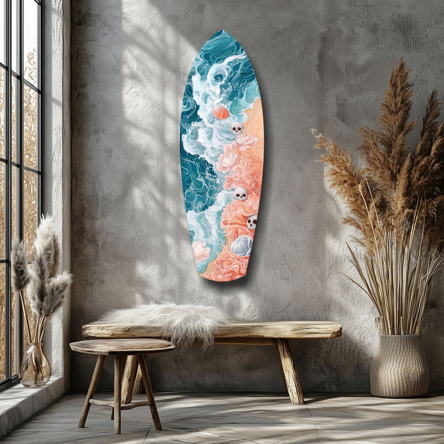 Surfboard-shaped glass wall art featuring teal waves and coral sand with white skulls and shells, displayed on grey concrete wall beside wooden bench.
