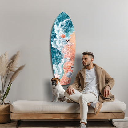 Man and dog seated on wooden bench beside Eternal Tides glass wall art featuring turquoise waves, coral sand, and skull motifs.
