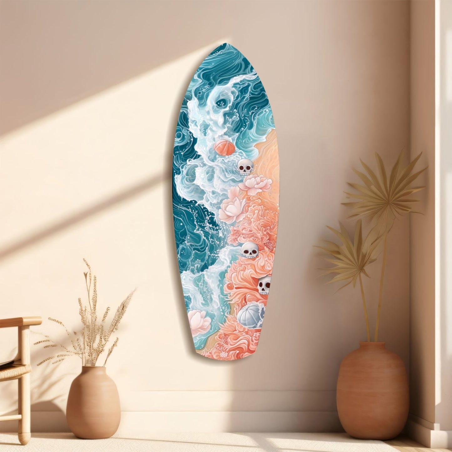 Surfboard-shaped glass wall art with teal ocean waves, coral sand, white foam, and small skull motifs, displayed on a beige wall beside dried grasses in ceramic vases.