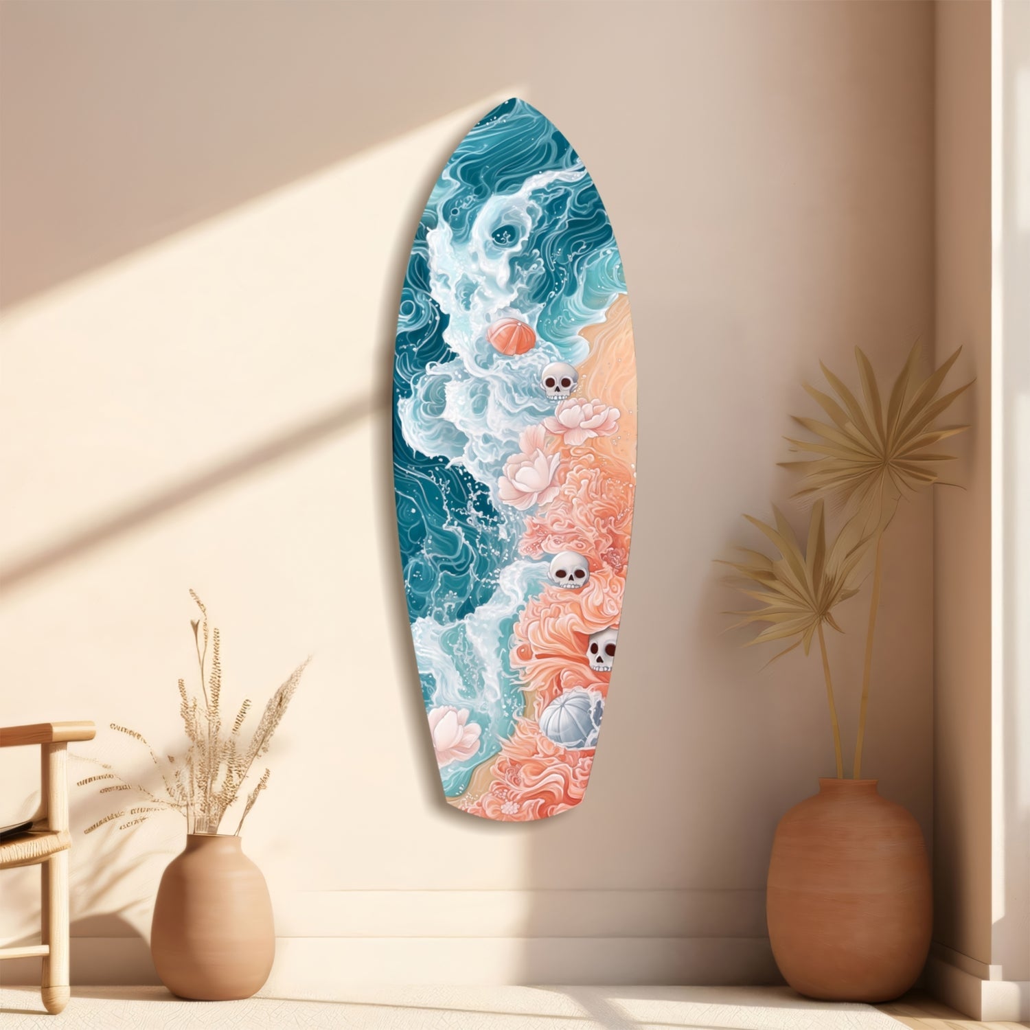 Surfboard-shaped glass wall art with teal ocean waves, coral sand, white foam, and small skull motifs, displayed on a beige wall beside dried grasses in ceramic vases.