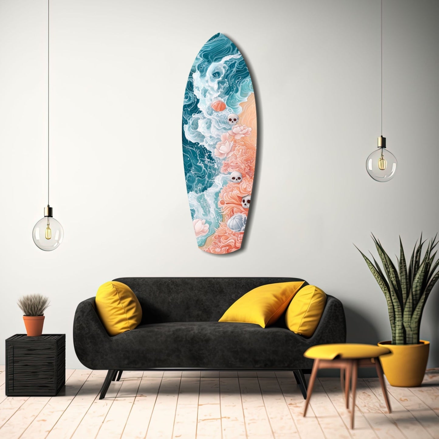 Eternal Tides glass wall art displayed above black sofa with yellow pillows in modern living room setting.