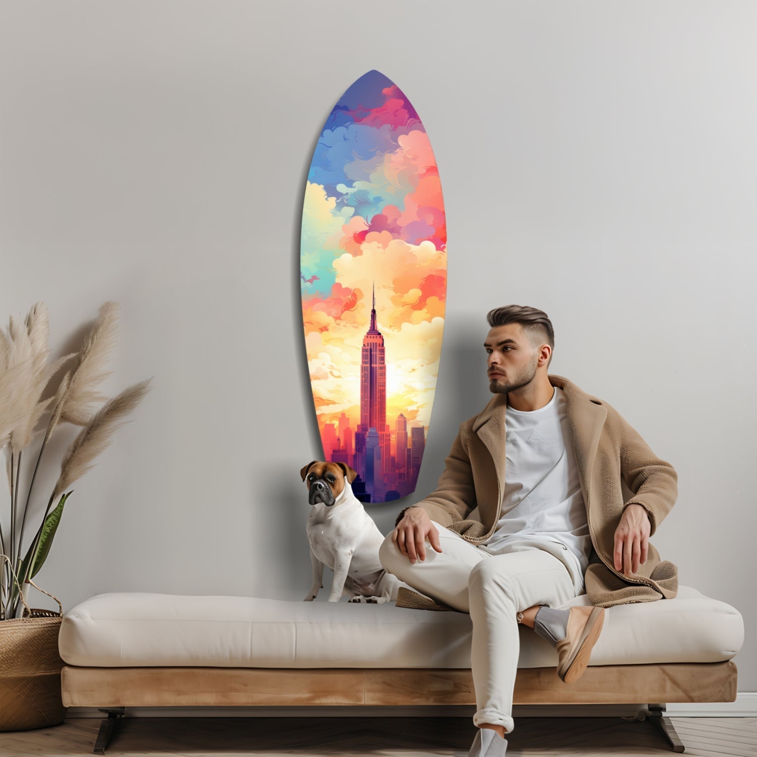 Man and dog sitting on bench beside illuminated surfboard-shaped glass wall art featuring colorful cloudy sky and Empire State Building silhouette.