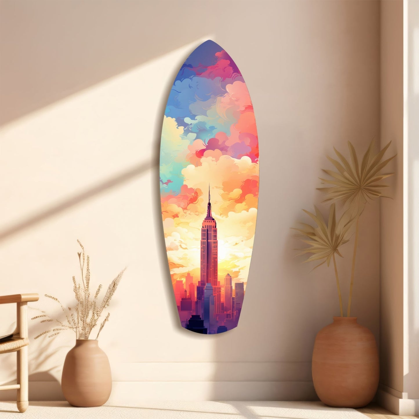 Surfboard-shaped glass wall art displaying colorful gradient clouds and Empire State Building silhouette, mounted on beige wall between potted plants.