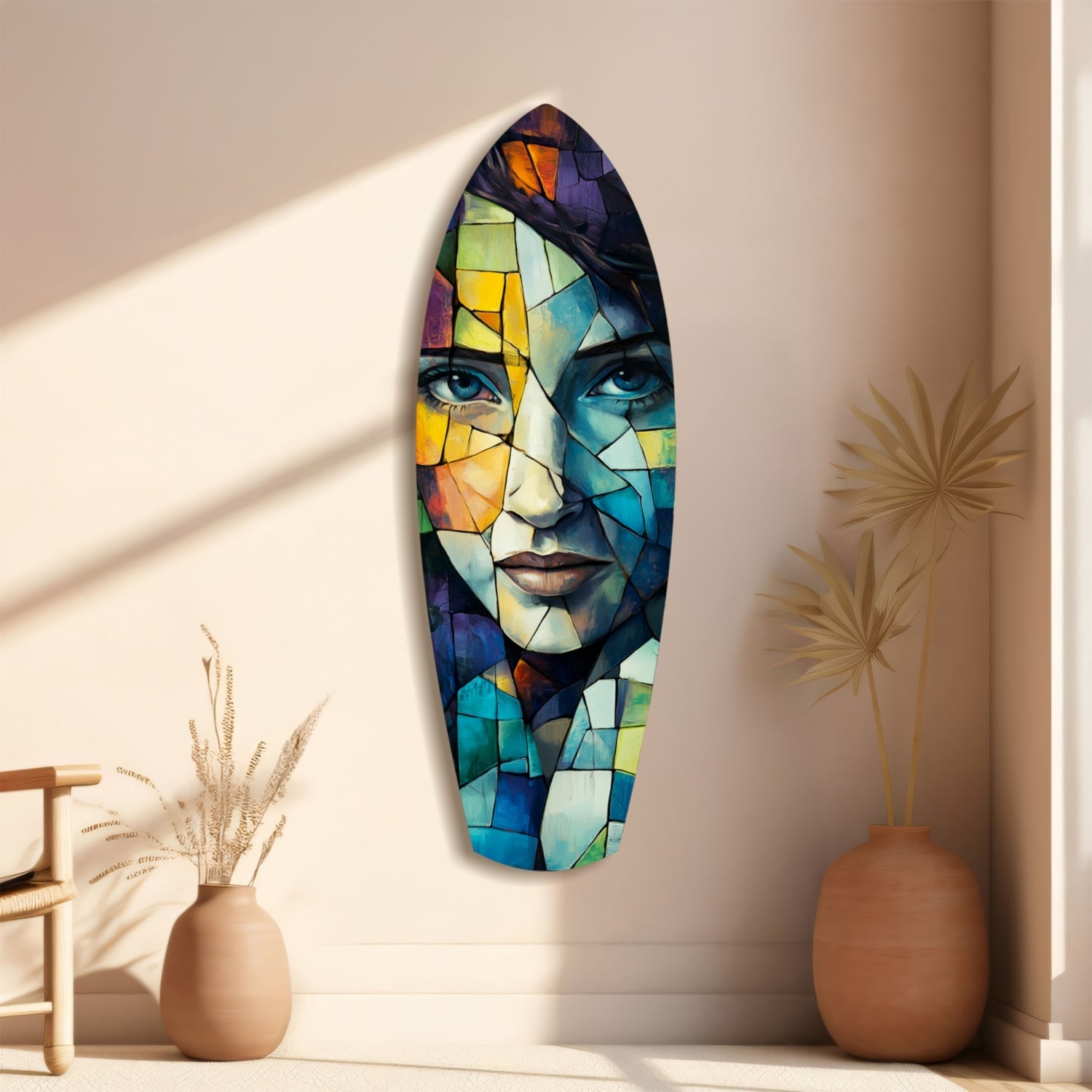 Colorful stained glass wall art featuring a fragmented female face in blue, orange, yellow, and green tones, displayed on a beige wall with decorative vases.