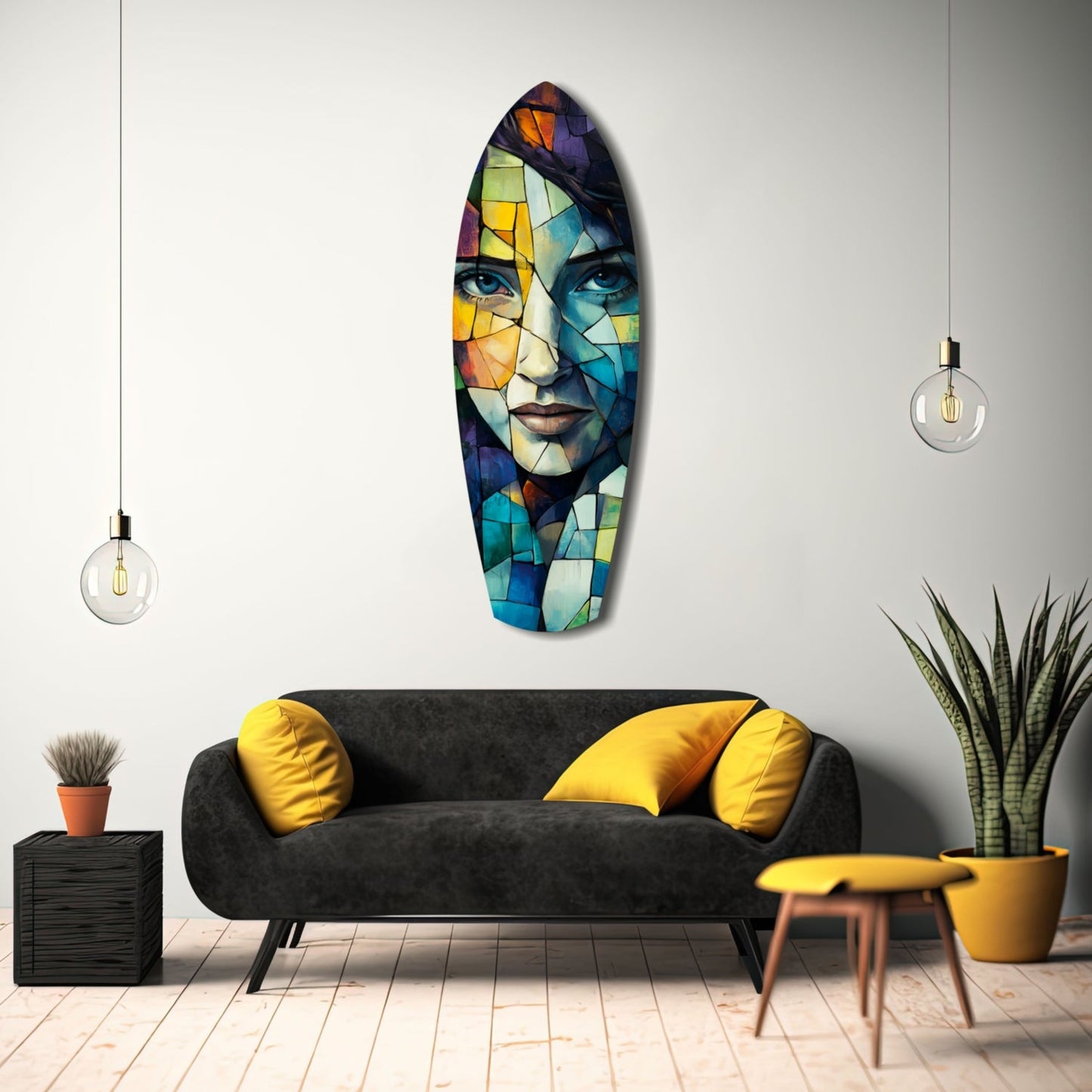 Colorful stained glass portrait hanging above black sofa with yellow pillows in modern living room interior.