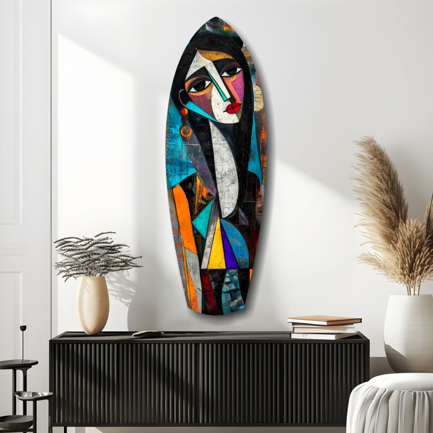 Cubist Muse glass wall art displayed vertically above black cabinet, featuring geometric female portrait in turquoise, orange, yellow, and black colors.