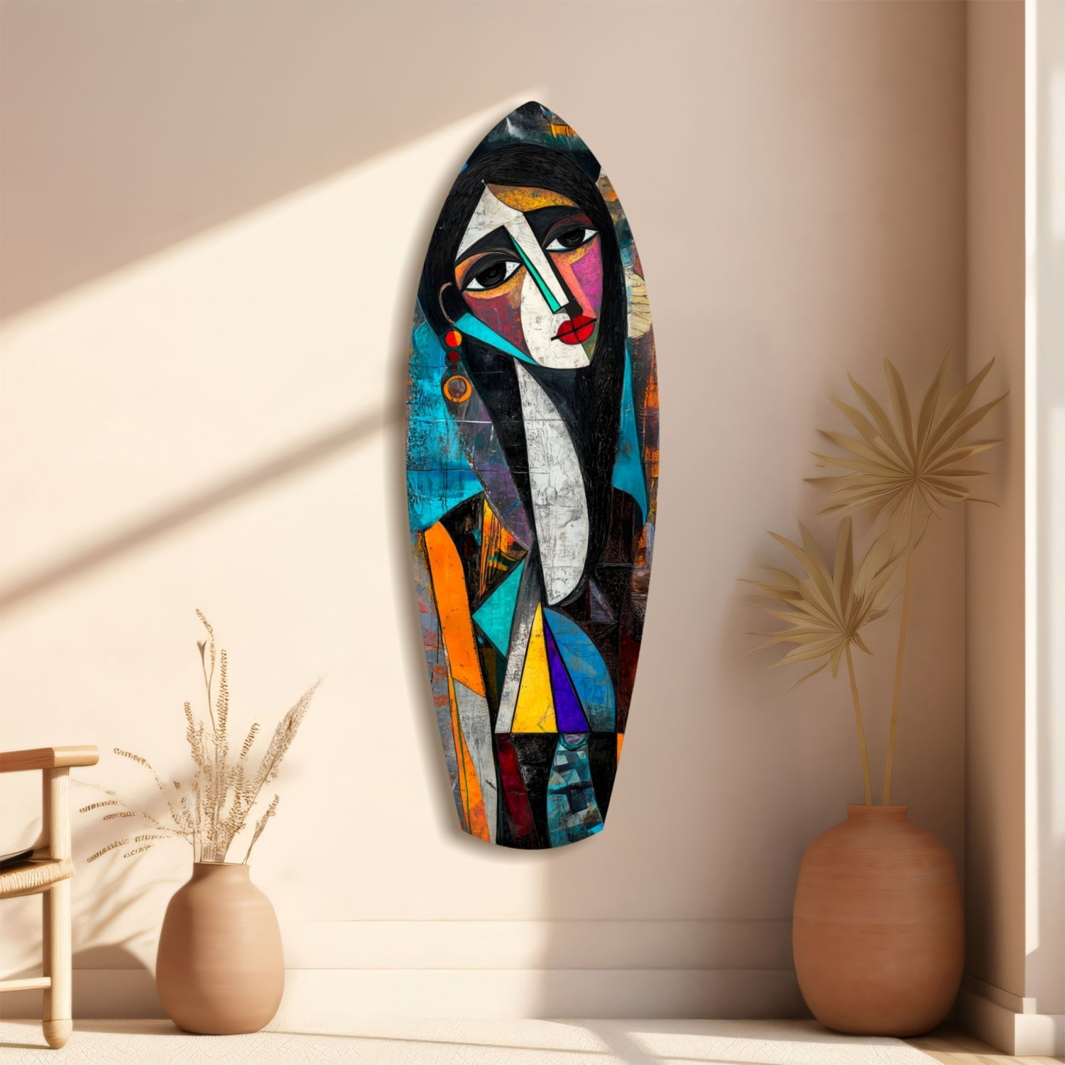 Cubist Muse Glass Wall Art displayed on beige wall beside terracotta vases, featuring geometric female face in black, white, blue, orange, and purple.