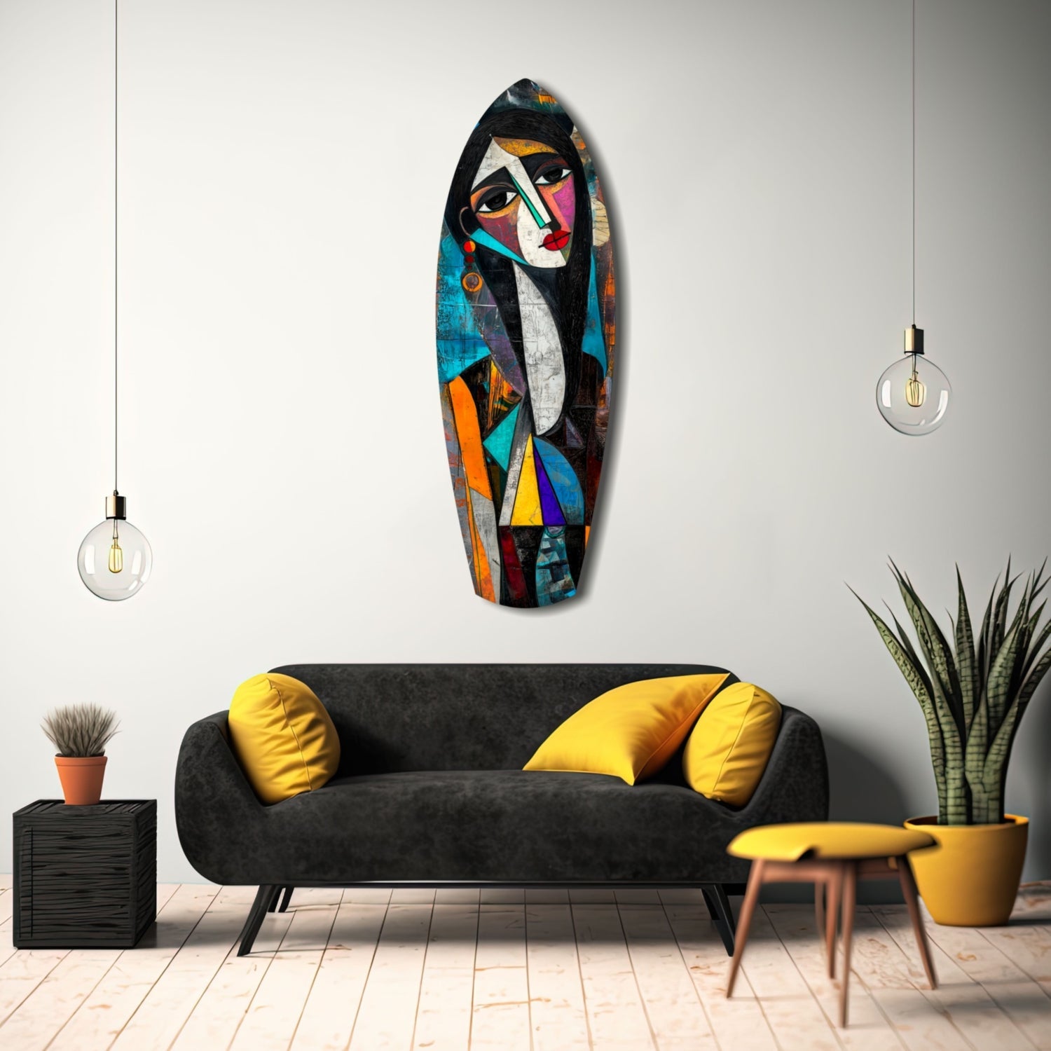 Cubist Muse glass wall art displayed above black sofa with yellow pillows in modern living room setting.