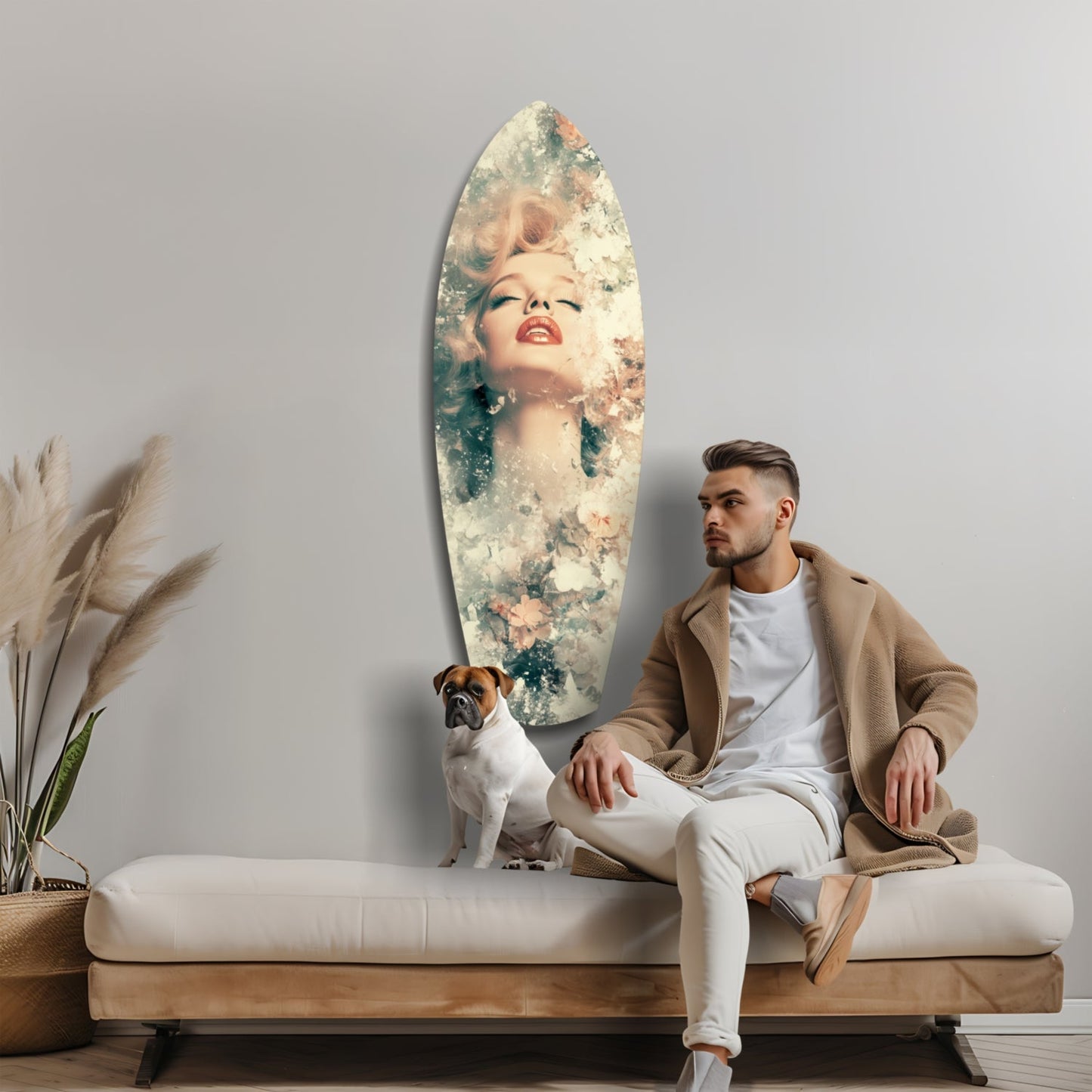 Man and dog sitting on bench beside oval glass wall art featuring vintage portrait of blonde woman with floral overlay.
