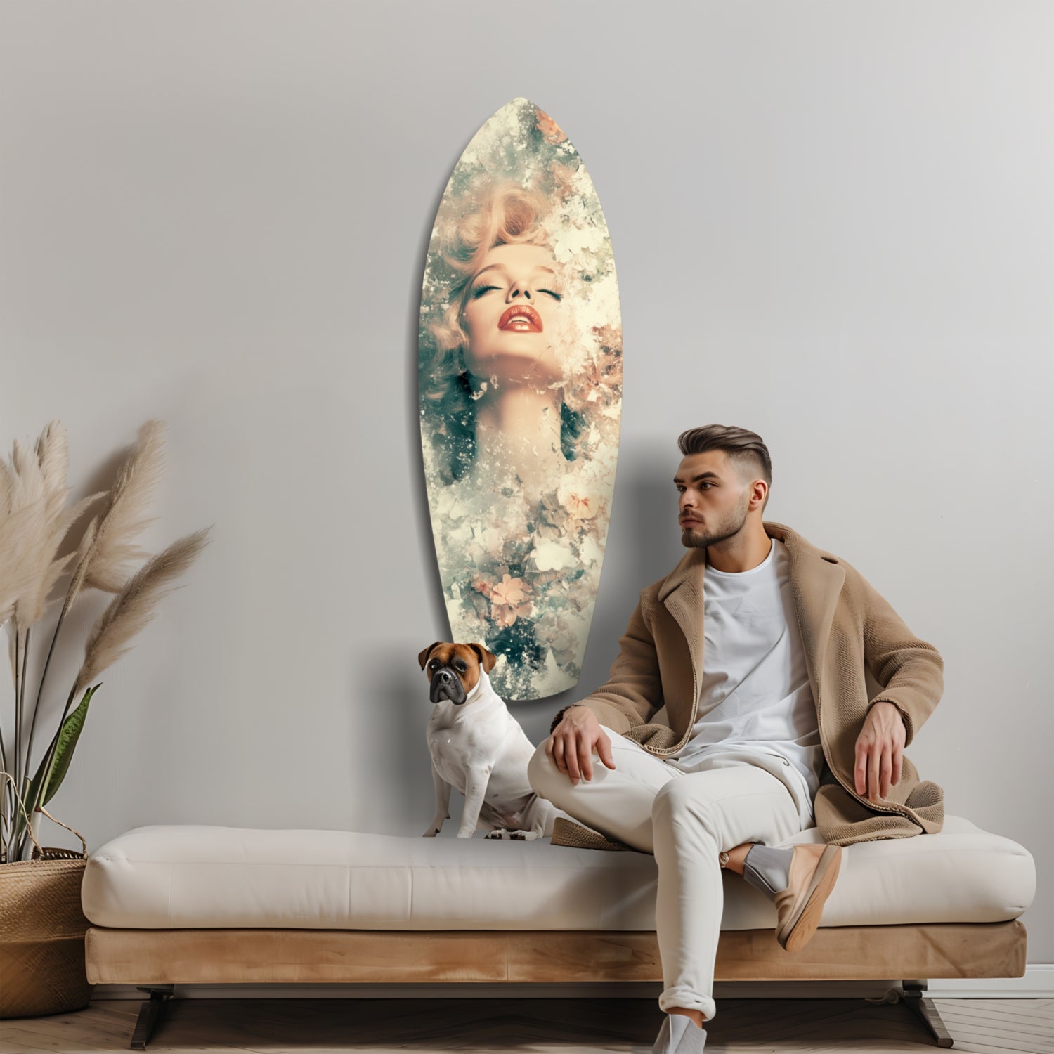 Man and dog sitting on bench beside oval glass wall art featuring vintage portrait of blonde woman with floral overlay.