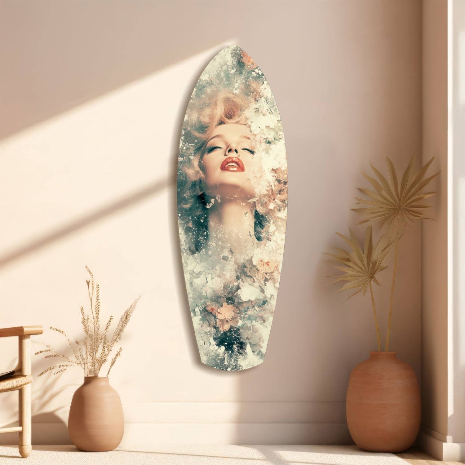 Oval glass wall art featuring a portrait with blonde hair and red lips blended with floral elements, displayed on a beige wall beside ceramic vases.