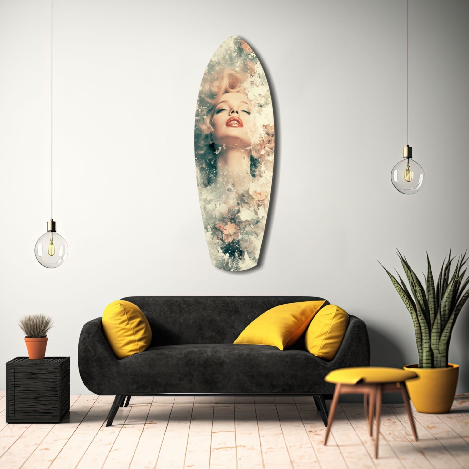 Floral Madonna Glass Wall Art displayed above a black sofa with yellow pillows in a modern living room setting.