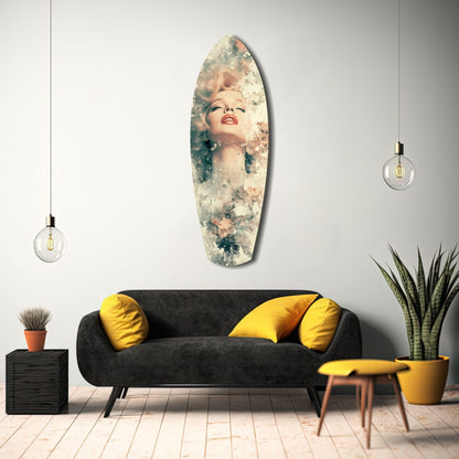 Floral Madonna Glass Wall Art displayed above a black sofa with yellow pillows in a modern living room setting.